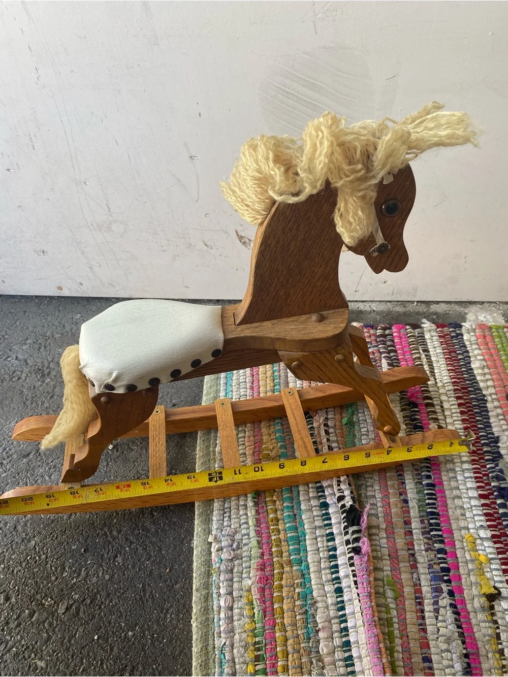 Vintage Wooden Doll Size Rocking Horse Cream Vinyl Seat Yarn Mane Nursery Decor